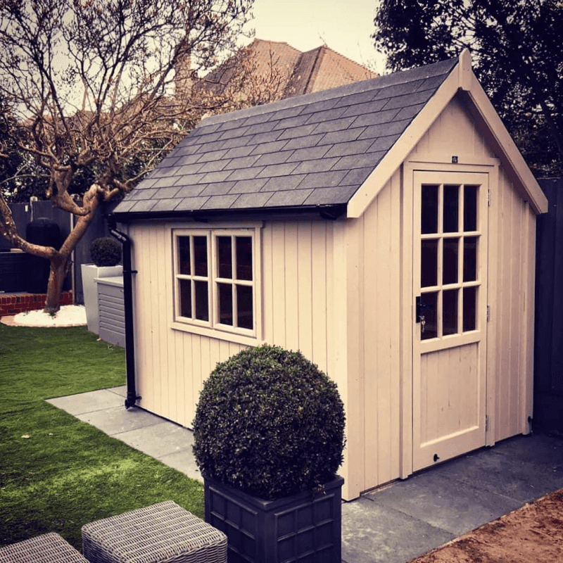 The Heritage — luxury garden shed with cedar shingle roof and painted cladding